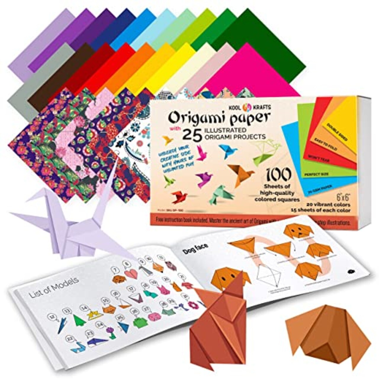 100 Origami Paper Kit - Set Includes - 100 Sheets 20 Basic Colors 6x6 - Double Sided - Origami Book 25 Easy Colored Projects | Kids Crafts - Christmas Gifts for Boys 8-12